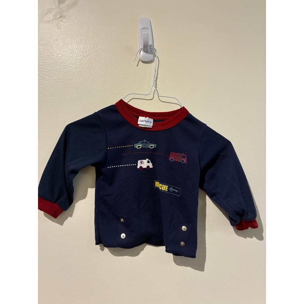 Carters 2000s Navy Blue Rescue Vehicle Fleece Pajama Top Baby Boy 9-12M